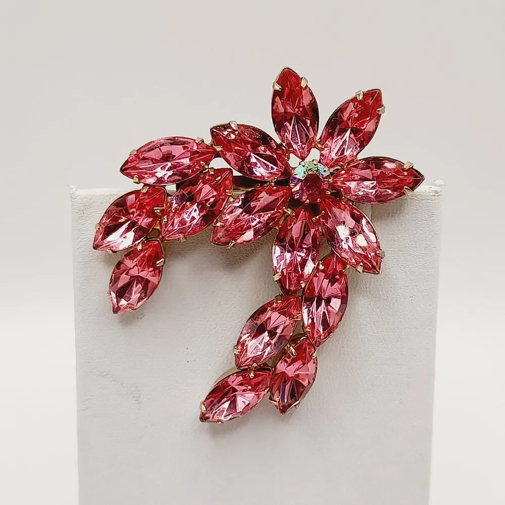 Vintage Pink Rhinestone Floral Spray Brooch AB Center Gold Tone 2.25”